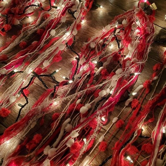 Hand Crafted Boho Wall Hanging Decor or Scarves Red White and Silver set of 4 - Picture 6 of 14